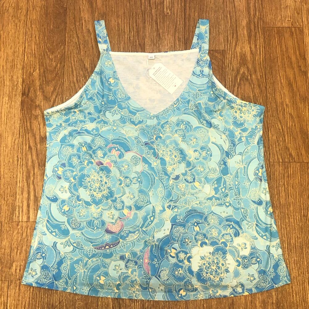 Boutique Blue Purple Yellow Abstract Floral Mandala V-Neck Tank Top Size XXL